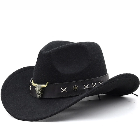 Vintage Western Cowboy Hat Felt Steer Skull Bull Head Metal Buckle Leather Belt Wide Brim Ethnic Outdoor Sun Hat For Men Women Kids