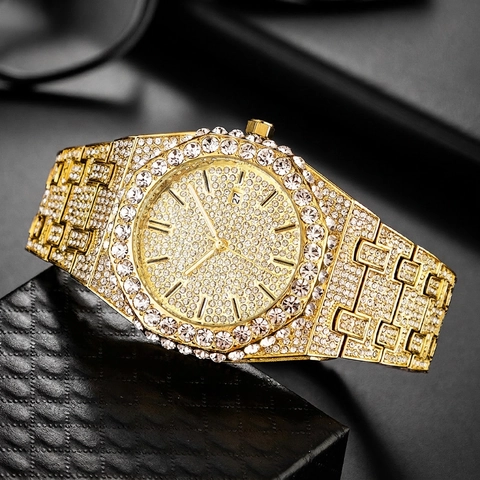 Reloj De Cuarzo Para Hombre Con Diamantes De Imitación Iced Out Chapado En Oro Acero Inoxidable Bisel Octagonal Impermeable