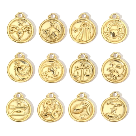 Segni Zodiacali Ciondolo Disco Rotondo Acciaio Inossidabile Strass Placcato Oro 14K Oroscopo Astrologico Accessorio Gioielli DIY