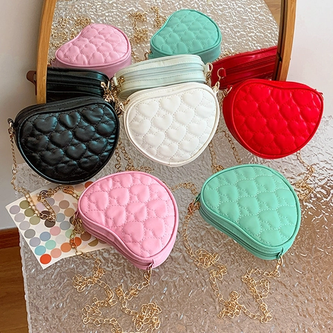 Kids Heart Shaped Quilted Crossbody Bag PU Leather Golden Metal Chain Strap Cute Shoulder Purse For Girls