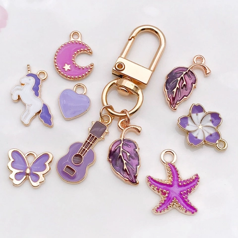 Purple Enamel Charms Pendants DIY Jewelry Making Alloy Cartoon Heart Star Flower Musical Instrument Animal Craft