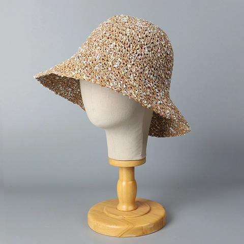Cappello da Sole in Paglia di Carta Lavorato a Mano da Donna Pieghevole a Tesa Larga con Filo Colorato Dolce Estate Spiaggia Vacanza Cappello a Secchiello