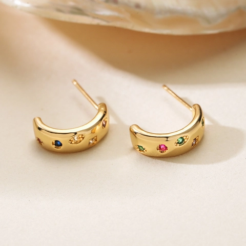 C-Shaped Stud Earrings 18K Gold Plated Copper With Multi-Color Zircon Exquisite Micro-Inlaid Geometric Fashion For Women