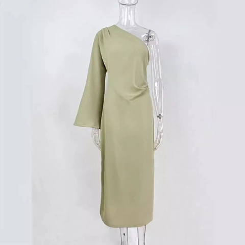 Asymmetrische One Shoulder Maxi Jurk Saliegroen Lange Mouwen Geplooid Hoge Split Slim Fit Polyester Avondjurk