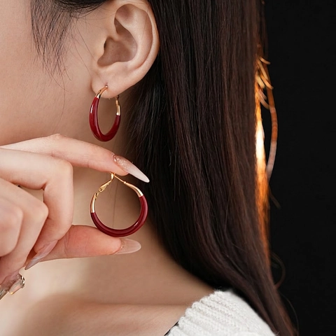 Pendientes De Aro Redondos De Esmalte Rojo Con Silver Earring Post Aleación Geométrica Chic Joyería Para Mujeres