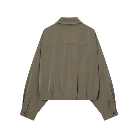 Women Cargo Bomber Jacket Polyester Cropped Long Sleeve Loose Zip Up Pocket Solid Casual Streetwear Military Green