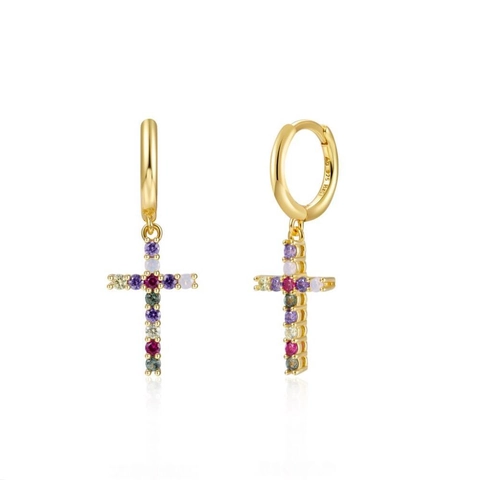 Moda Orecchini A Cerchio In Rame Con Pendente A Croce In Argento Sterling 925 Con Zirconia Colorata Intarsiata Per Donna