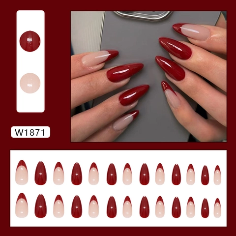 Press On Nails Burgundy French Tips Almond Shape Artificial Nail Tips Glossy ABS Plastic DIY Manicure