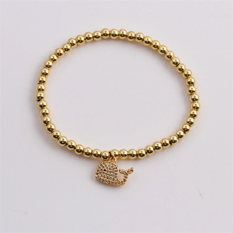 Pulsera De Cuentas Elástica Con Colgante De Cola De Ballena Cobre Cuentas Doradas Perla Artificial De Concha Micro Pavé Zircón