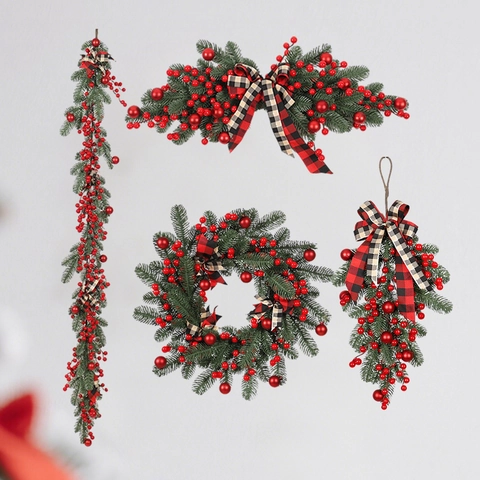 Ghirlanda Natale Festone Teardrop Swag Artificiale Pino PE Bacca Rossa Fiocco Quadri Luce LED Calda Decorazione Porta