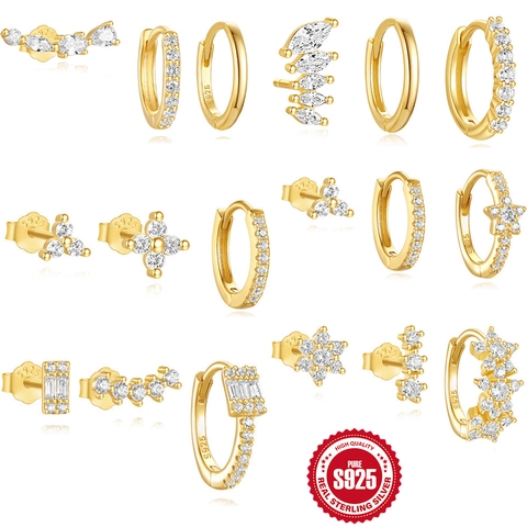 Marquise Zirconia Hoop And Stud Earrings 925 Sterling Silver Gold Plated Geometric Elegant Jewelry Women