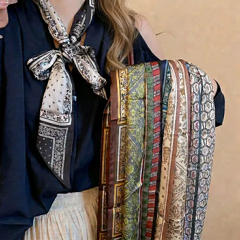 Collana Foulard Stretto Con Stampa Paisley Vintage Per Donna Tessuto Di Raso Floreale Nastro Lungo Sottile Accessorio Borsa