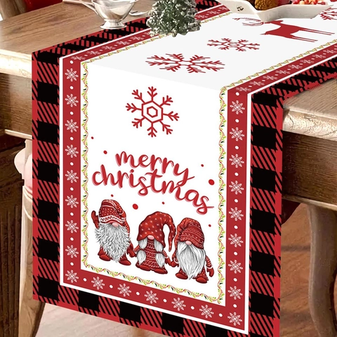 Kerst Tafelloper Rood Zwart Ruitpatroon Polyester Gnome Rendier Sneeuwvlokken Feestelijke Party Decoratie