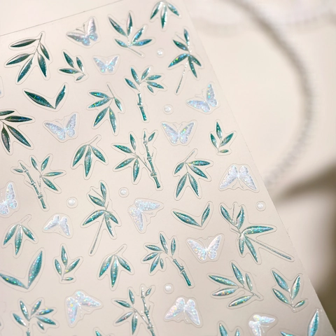 Nail Art Stickers Green Bamboo Butterfly Embossed Glitter Iridescent Chinese Style Retro Elegant Women DIY Manicure Decals