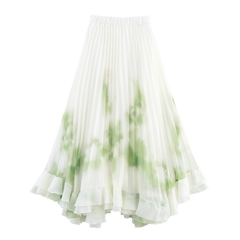 Falda Larga Plisada Mujer Chifón Bohemio Cintura Alta Elástica Estampado Abstracto Dobladillo Con Volantes Irregular Elegante