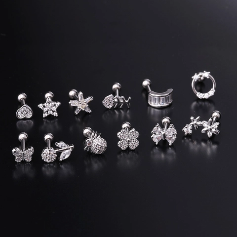 Helix Stud Earrings Stainless Steel Copper Zircon Screw Ball Back Piercing Jewelry Flower Heart Butterfly Star For Women