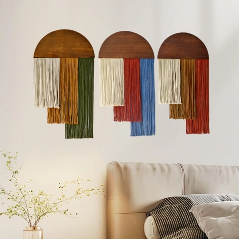 Makramee Wandbehang Handgefertigte Baumwollseil Quaste Halbrundes Holzbrett Boho Nordisches Zuhause Deko Wohnzimmer Schlafzimmer