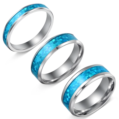 Fashion Ring Stainless Steel Blue Faux Opal Inlay Polished Band Jewelry Gift For Men Women Unisex