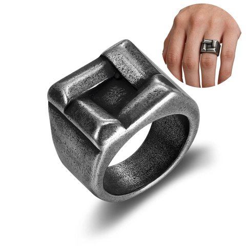 Bague Chevalière Carrée Vintage Acier Inoxydable Industriel Géométrique Texturé Style Rétro Pour Hommes