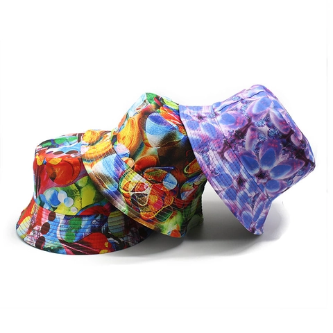 Reversible Bucket Hat Cotton Polyester Sun Protection Summer Outdoor Abstract Print Unisex Wide Brim Fishermans Cap
