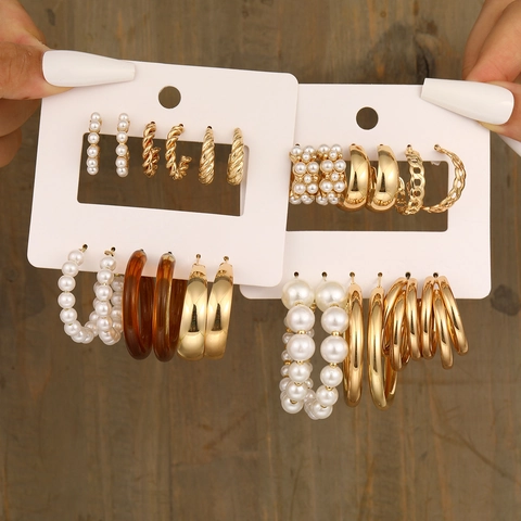 Pendientes de Aro en Forma de C de Aleación de Oro Vintage para Mujer Perla Artificial Resina Poste de Acero Inoxidable