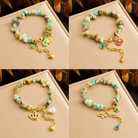Bracciale Di Perline In Pietra Naturale Catena In Acciaio Inossidabile Con Ciondolo A Forma Di Cuore Corona Elefante Gioielli