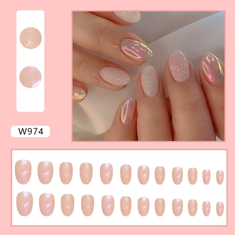 Aurora Glitter Press On Nails Oval Round Head Nude Pink Sweet Ins Style Artificial False Fingernails For Women