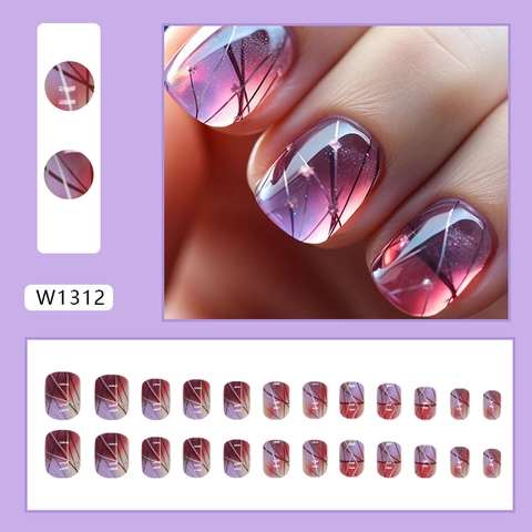Ongles À Presser Dégradé Violet Rose Oeil De Chat Court Carré Rond Motif Étoile Faux Ongles Pour Femmes
