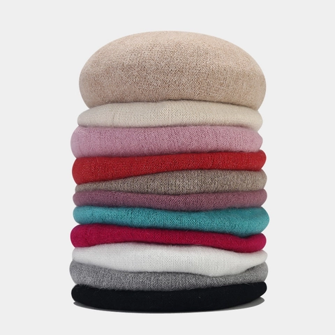 Women Beret Hat Rabbit Fur Blend Knit Warm Soft Solid Color French Style Artist Cap Winter Autumn Adjustable Accessory