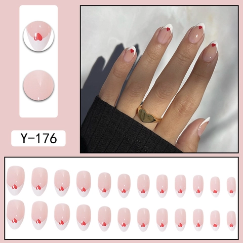 Unghie Press On French Tip Ovali Unghie Finte Bordo Bianco Con Motivo Cuore Rosso Nude Rosa Eleganti Unghie Finte Lunghe