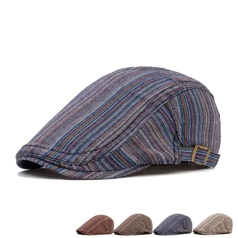 Retro Streifen Schiebermütze Baumwolle Leinen Atmungsaktiv Sonnenschutz Verstellbare Newsboy Mütze Für Herren Damen