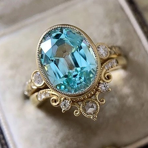 Oval Light Blue Zircon Ring And Crown Curved Guard Band Copper Jewelry Vintage Palace Style For Women