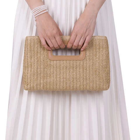 Strohgewebte Clutch Tasche Damen Sommer Strand Urlaub Crossbody Handtasche Mit Abnehmbarer Kette Magnetverschluss