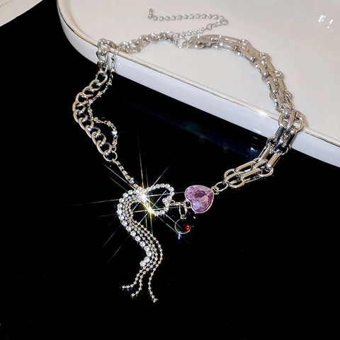 Collier Pendentif Pierre Cœur Alliage Zircon Strass Chaîne Asymétrique Franges Gland Trendy Cool Bijoux Pour Femmes