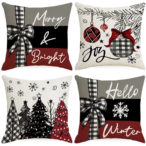Weihnachts Kissenbezüge Leinen Weihnachtsbaum Schneeflocke Karo Druck Dekorative Kissenhüllen Für Sofa Couch