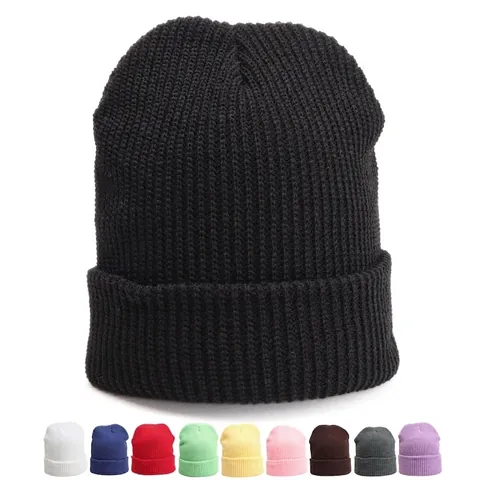 Ribbed Knit Beanie Winter Hat Acrylic Cuffed Solid Color Windproof Warm Outdoor Skull Cap Unisex