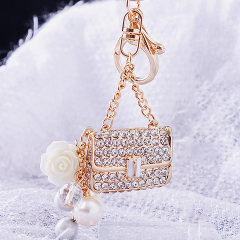 Fashion Mini Handbag High Heel Shape Keychain For Women Rhinestone Encrusted Alloy Metal Bag Charm With Faux Artificial Pearl