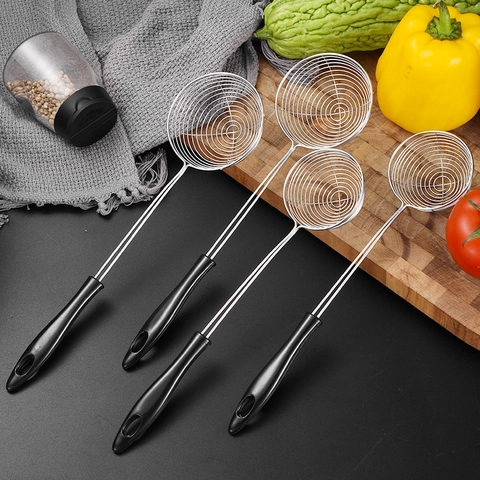 Edelstahl Spider Schöpflöffel Sieb Mit Langem Schwarzem Griff Hitzebeständiger Drahtgeflecht Schlitzlöffel Zum Kochen Frittieren