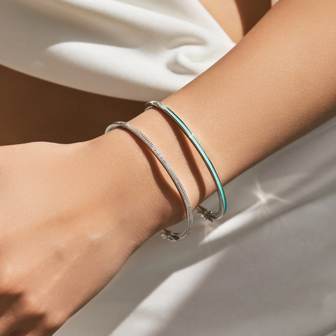 925 Sterling Silver Bangle For Women Mint Green Enamel Micro Set Zircon Stackable Minimalist Jewelry Accessory