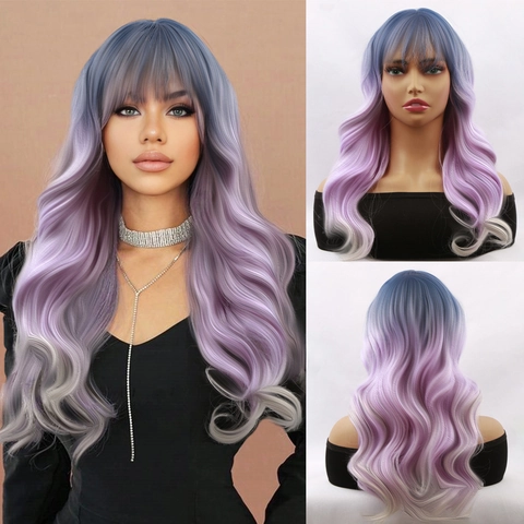 Parrucca Lunga Riccia Con Frangia Sfumata Blu Viola Bianco Fibra Sintetica Resistente Al Calore Per Cosplay