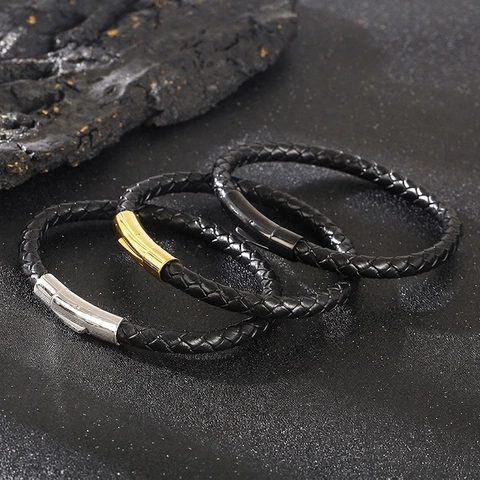 Men Braided Leather Bracelet Stainless Steel Magnetic Clasp Simple Woven Wristband Punk Trendy Minimalist Jewelry