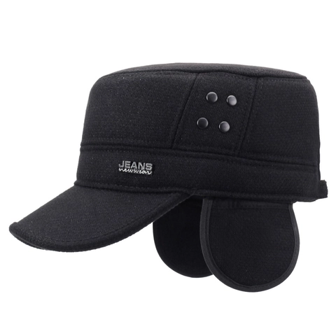 Herren Cadet Cap Winter Warm Verdickte Wollmischung Flache Mütze Mit Ohrenklappen Outdoor Winddicht Verstellbar Militärstil