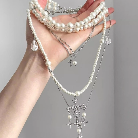 Collana A Strati Barocca Imitazione Perla Artificial Strass Ciondolo Croce Gotico Vintage Elegante Gioielli Donne