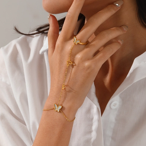 Butterfly Slave Bracelet 18K Gold Plated Stainless Steel Finger Ring Chain Jewelry With White Mother Of Artificial Pearl For Women
