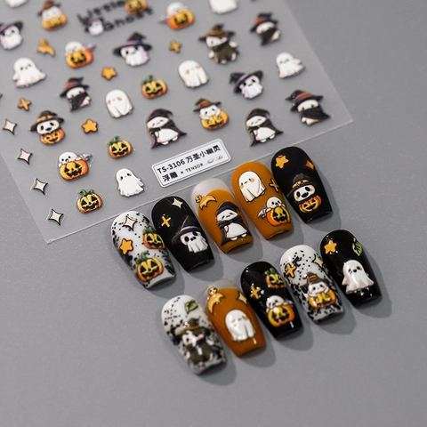 Halloween Nail Stickers 5D Relief Little Ghost Pumpkin Embossed Self Adhesive Cute Cartoon Manicure Decoration