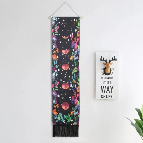 Moon Phase Tapestry Wall Hanging Bohemian Cotton Linen Floral With Wooden Rod Tassel For Home Bedroom Decor