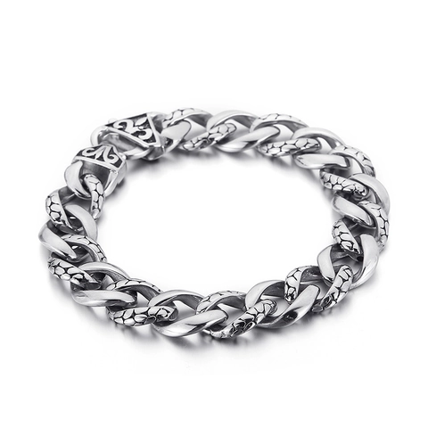 Men Stainless Steel Bracelet Heavy Cuban Link Dragon Scale Snake Pattern Engraved Punk Hip Hop Jewelry Silver Tone