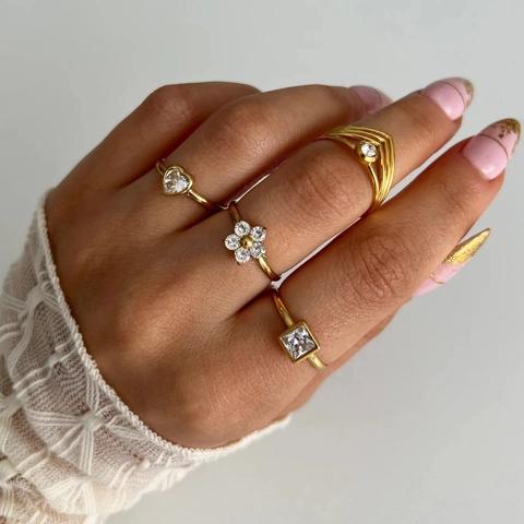 Women's Stainless Steel Rings 18K Gold Plated Adjustable Open Zircon Heart Flower Square Elegant Fashion Jewelry Gift