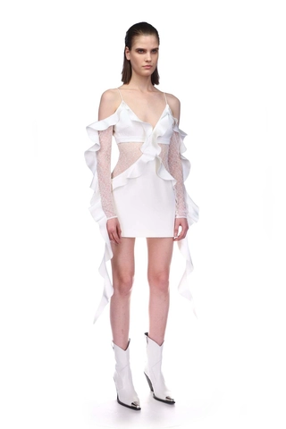 Sexy Damen Minikleid Satin Spitze Patchwork Schulterfrei Rückenfrei Rüschen V-Ausschnitt Party Bodycon