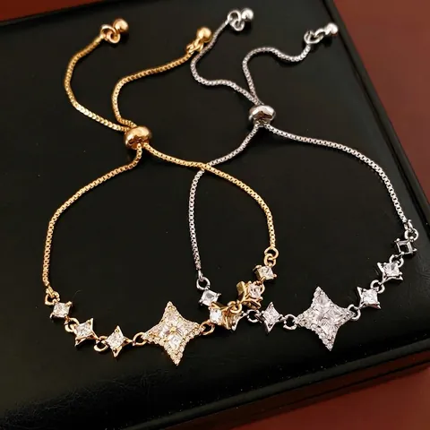 Bracciale Stella Rame Zircone Chiusura Bolo Regolabile Stella A Quattro Punte Gioielli Di Moda Eleganti Donna